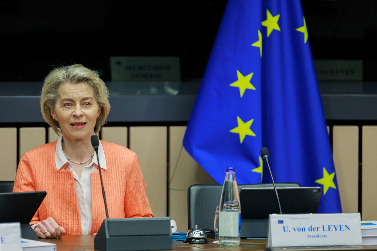 En kvinne som sitter ved et konferansebord med en mikrofon foran seg og et EU-flagg i bakgrunnen.