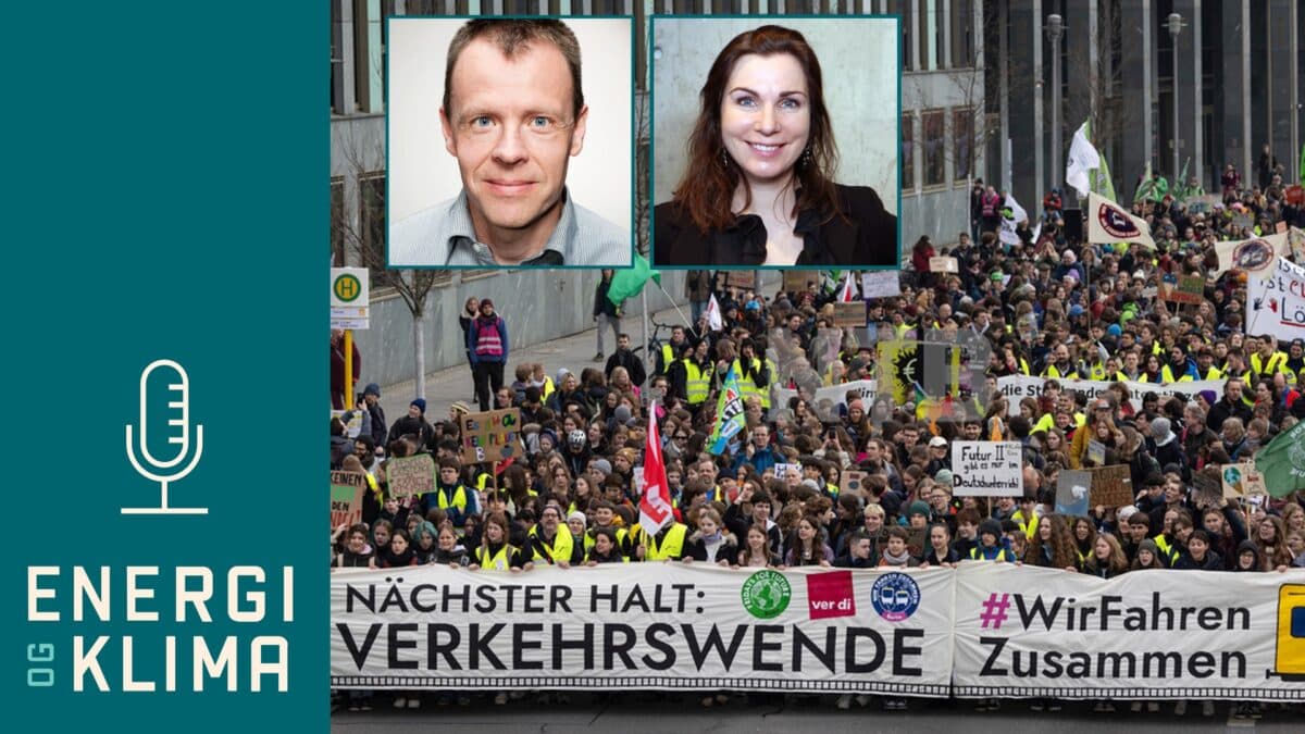 Et bilde av en kvinne som holder et banner med ordene energi klima.