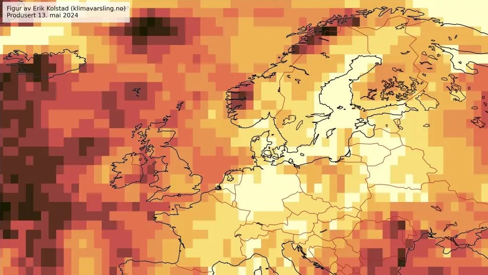 Et varmekart som viser varierende temperaturer over hele Europa, med mørkere røde nyanser som indikerer høyere temperaturer.