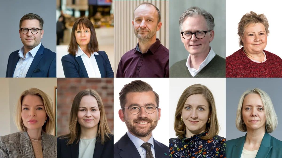 Et rutenett med ti profesjonelt kledde voksne, fem menn og fem kvinner, som poserer for individuelle portrettbilder mot ulike bakgrunner.