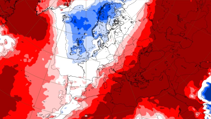 Kart over Europa som viser temperaturanomalier, med blå områder som indikerer kjøligere temperaturer i Nord-Europa og røde områder som indikerer varmere temperaturer over det meste av regionen.