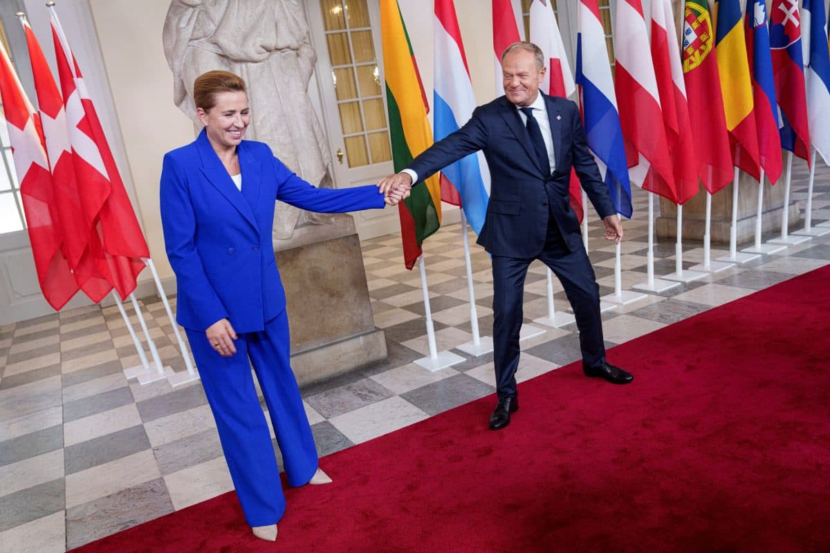 To personer i formelle blå antrekk hilser på hverandre ved å holde hverandre i hånden foran ulike europeiske nasjonalflagg på en rød løper.