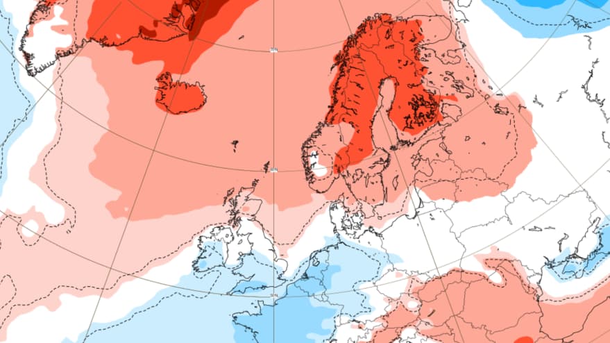 Et værkart over Europa som viser røde og blå skraverte områder, som indikerer temperaturavvik på kontinentet og i deler av Arktis.