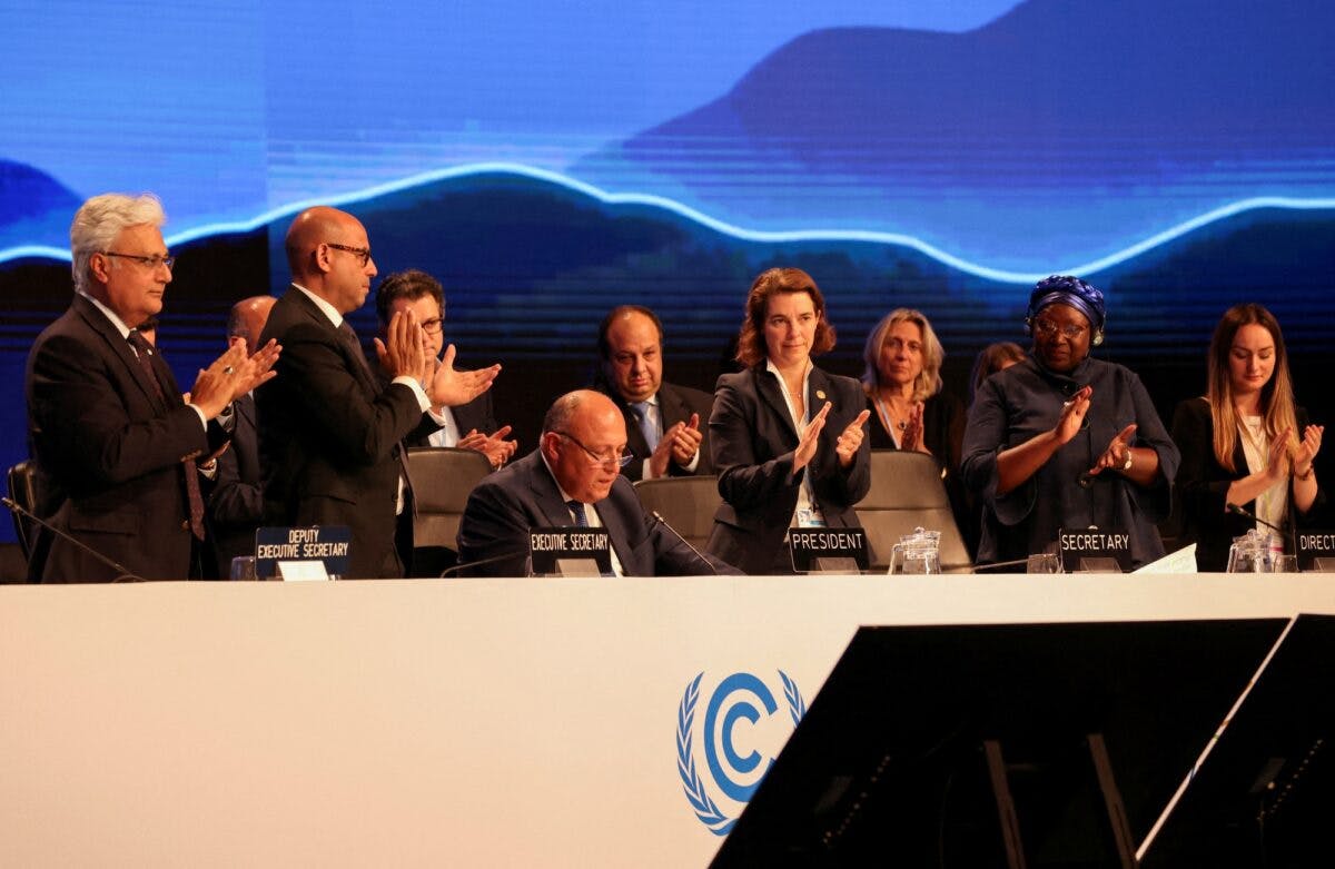 Presidenten for klimatoppmøtet COP27 taler mens delegater står rundt og applauderer