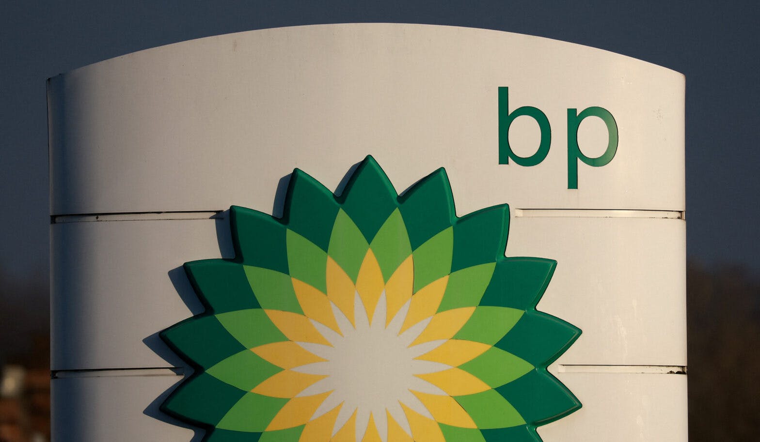 Signage is seen outside a BP (British Petroleum) petrol station in Liverpool