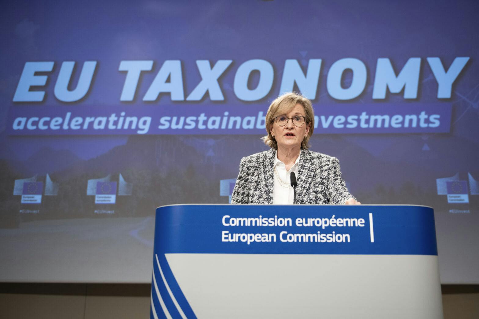 Mairead McGuinness, European Commissioner for Financial Services, Financial Stability, and Capital Markets Union, holds a press conference on taxonomy, following the weekly meeting of the von der Leyen Commission in Brussels.