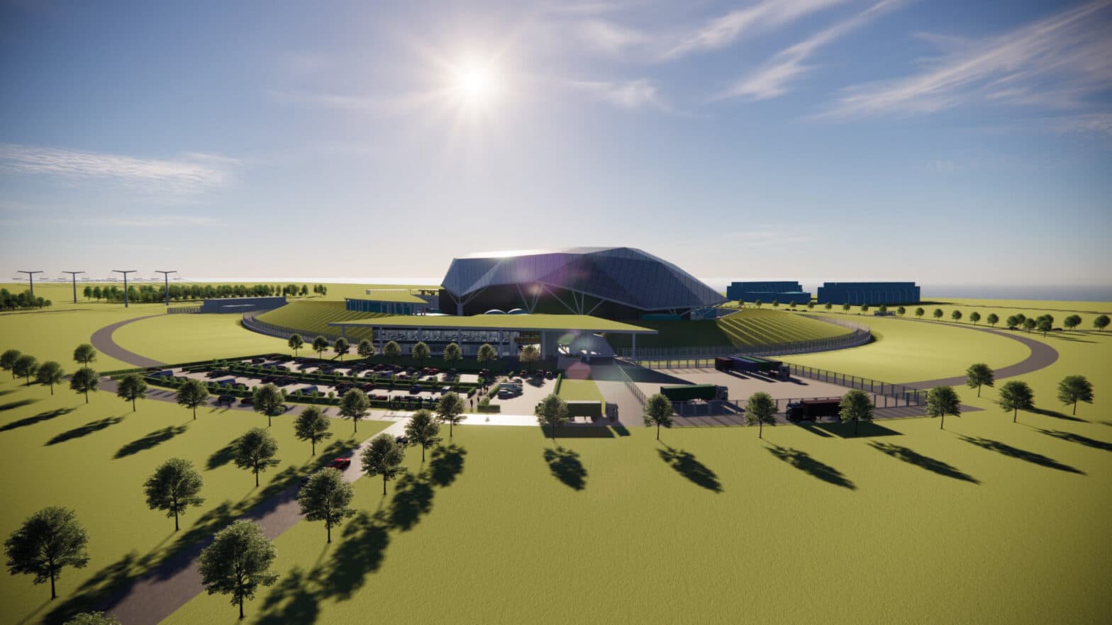 En 3d-gjengivelse av en bygning midt i en gressmark.