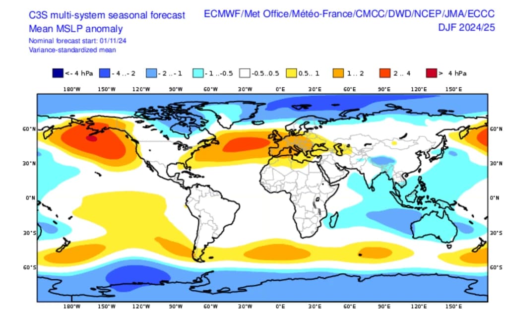 Et globalt kart som viser gjennomsnittlig havnivåtrykk (MSLP) anomalier for DJF 2024/25. Den viser varierte trykkendringer, med høye og lave anomalier i henholdsvis oransje/røde og blå nyanser.
