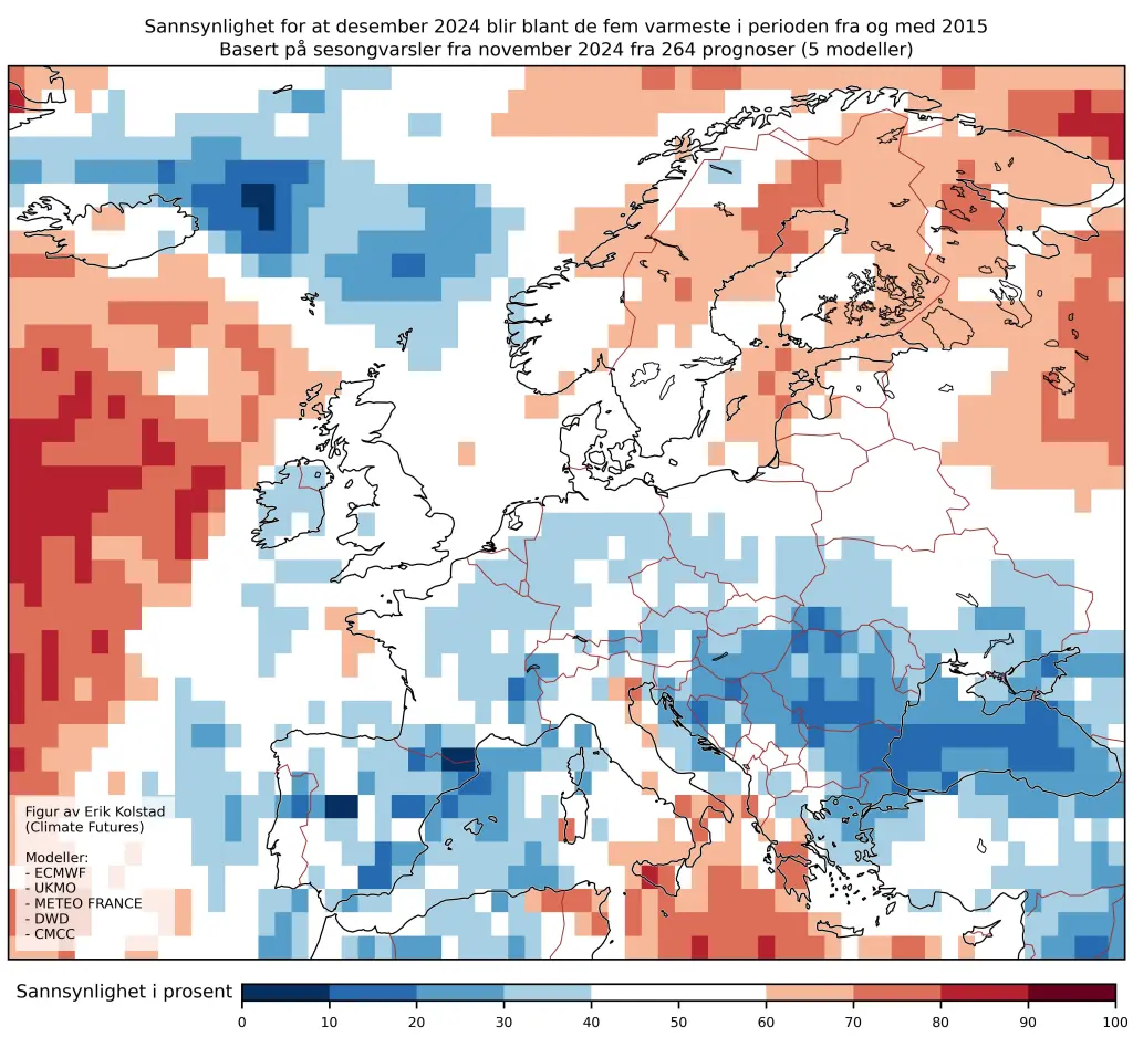 Kart som viser temperatursannsynlighet for desember 2024 i Europa, med rødt for varmere og blått for kjøligere trender, basert på prognoser fra fem modeller.