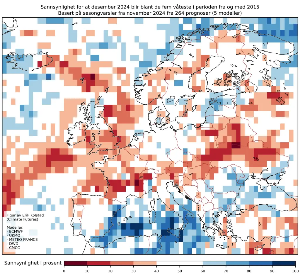 Et sannsynlighetskart over Europa som viser sannsynligheten for at desember 2024 er blant de fem våteste siden 2015, ved hjelp av data fra fem modeller. Områder med høy sannsynlighet er skyggelagt i rødt.