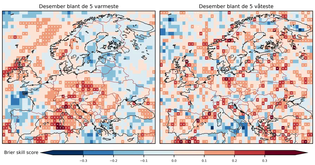Side-ved-side kart over Europa viser Brier ferdighetspoeng for temperatur (venstre) og nedbør (høyre) i desember. Fargene varierer fra blått (lav poengsum) til rød (høy poengsum).