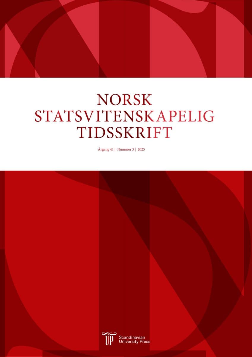 Omslaget til "Norsk statsvitenskapelig tidsskrift" har røde abstrakte former, hvit bakgrunn og svart og rød tekst med Scandinavian University Press' logo nederst.