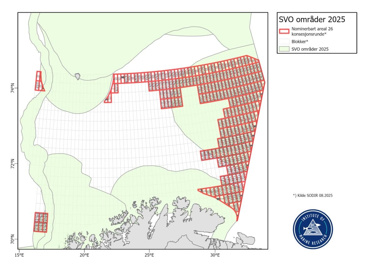 Et kart over havområdene i Arktis som viser nominerte områder, bevaringsområder og SVO-områder for 2025, markert med røde, grønne og skisserte fargede soner. Havforskningsinstituttets logo er inkludert.