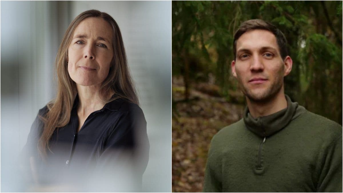 Delt bilde: Til venstre viser en kvinne med langt hår i svart skjorte, stående innendørs. Høyre viser en mann med kort hår i en grønn genser, stående utendørs med grønt i bakgrunnen.