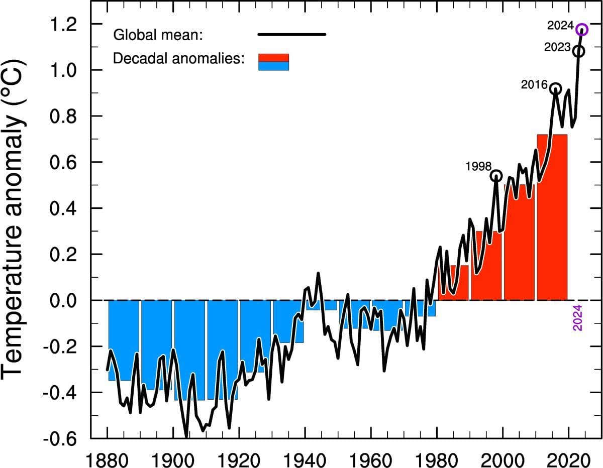 Graf som viser globale temperaturavvik fra 1880 til 2024. Blått indikerer avkjøling; rødt indikerer oppvarming. Bemerkelsesverdige topper i 1998, 2016, med anslått økning i 2023 og 2024.