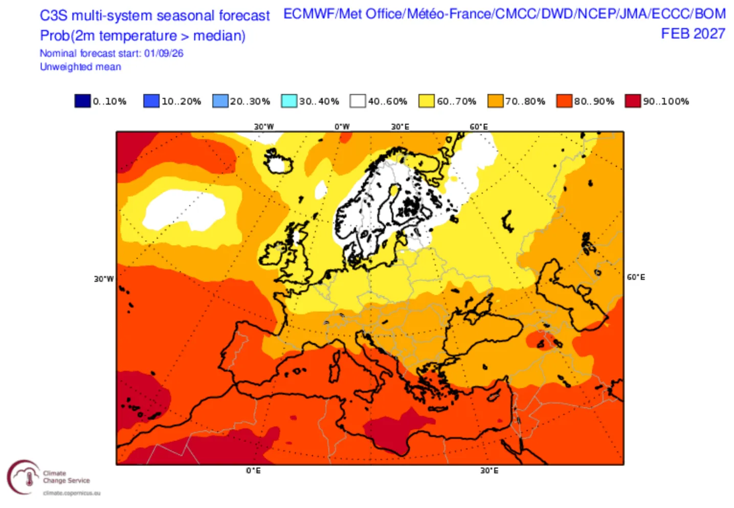 Kart over Europa som viser høy sannsynlighet for temperaturer over medianen i februar 2027.