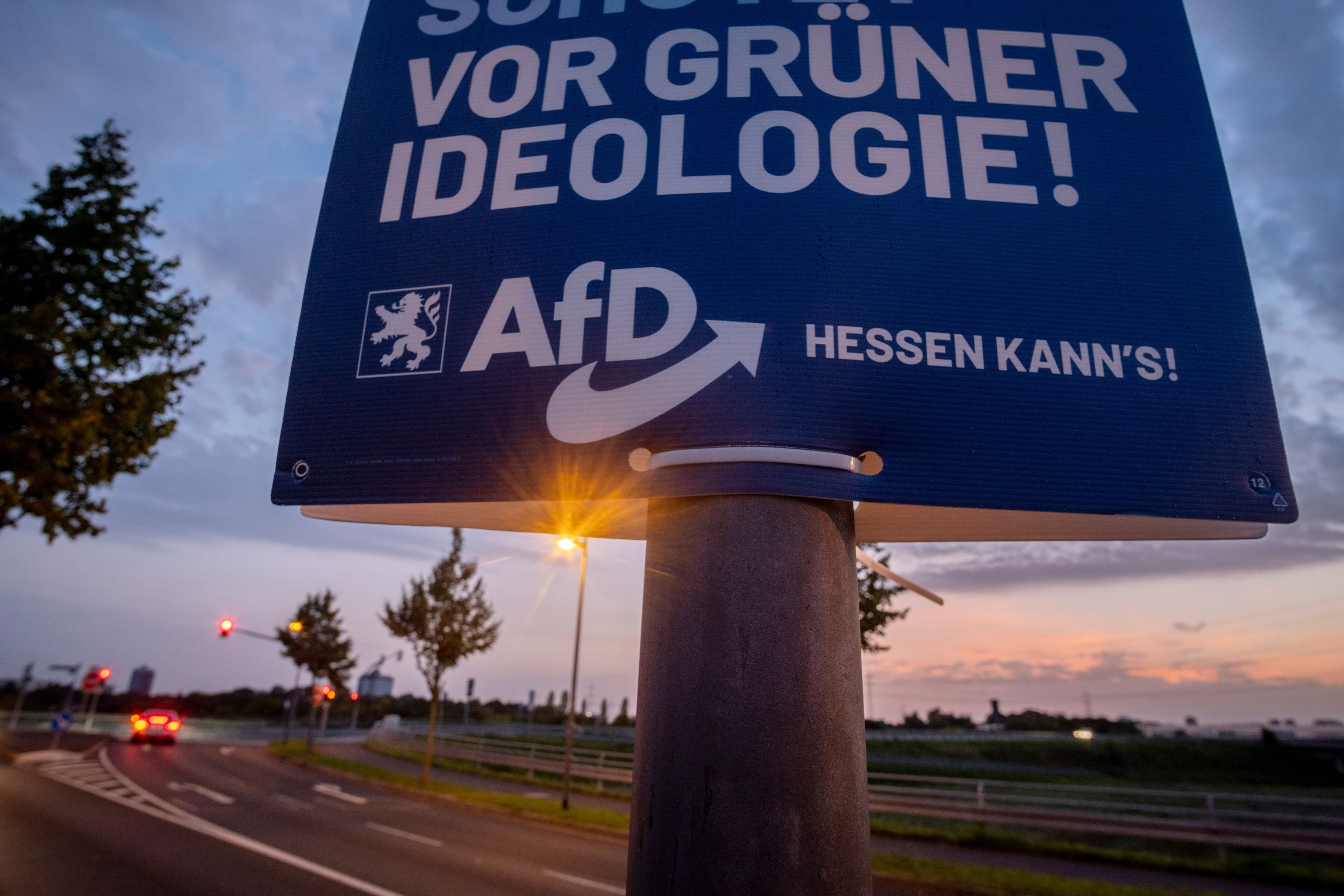 Et mørkeblått AfD-kampanjeskilt i skumringen med tysk tekst.