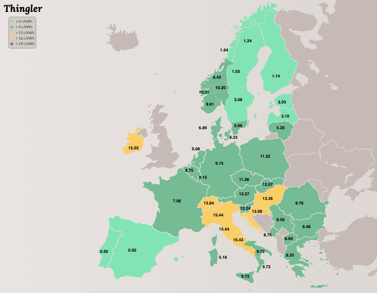 Kart over Europa som viser strømkostnader i cent per kilowattime for hvert land, fargekodet fra grønt (lavest) til oransje (høyest), med konkrete verdier oppgitt.