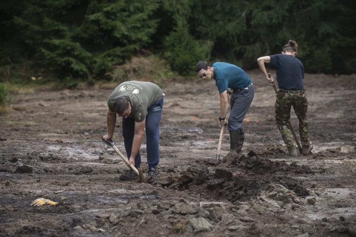 Tre individer graver i en gjørmete lysning omgitt av trær. De har på seg forskjellige fritidsklær og virker fokusert på oppgaven sin. Hageredskaper er synlige på bakken i nærheten.