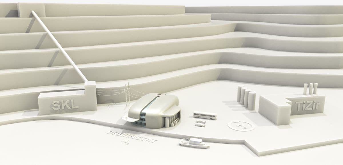 Skisse av storskala produksjonsanlegg for hydrogen knyttet til TiZirs fabrikk i Tyssedal, Hordaland. (Ill: Greenstat)