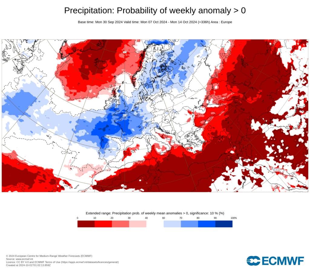 Kart over Europa som viser sannsynligheten for ukentlige nedbørsavvik fra 30. september til 14. oktober 2024. Områder med overnormal nedbør er uthevet med rødt, undernormalt med blått.