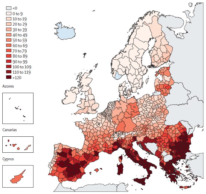 Koroplettkart over Europa som viser regionale data, med høyere verdier (mørkerød) i Sør- og Sørøst-Europa, og lavere verdier (lysere nyanser) i de nordlige regionene.