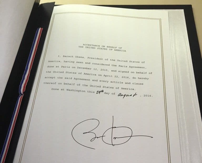President Barack Obama's signature on the official document confirms the USA has joined the Paris Agreement (photo: Brian Deese).