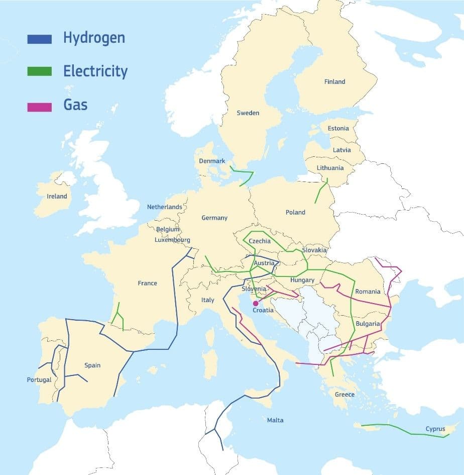 Kart over Europa som viser nettverk for hydrogen, elektrisitet og gass.