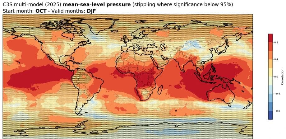 Verdenskart som viser forventede gjennomsnittlige trykkanomalier på havnivå for DJF 2025, med høyere trykk i røde områder og stiplinger som indikerer regioner under 95 % signifikansgrense.