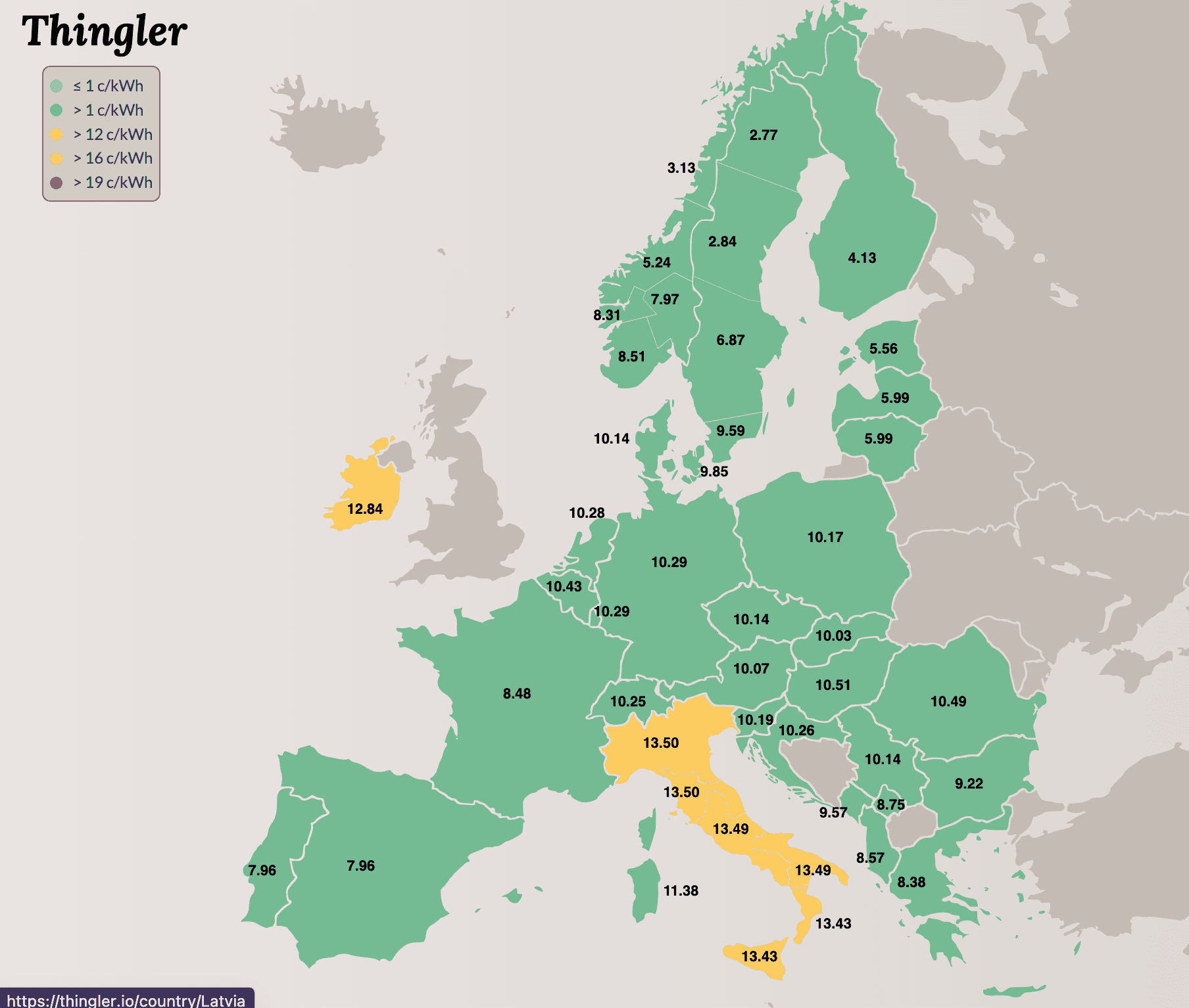 Kart over Europa som viser strømkostnader i cent per kWh. De fleste land er grønne, noe som indikerer kostnader mellom 2 og 11,5 c/kWh, mens Irland og Italia er oransje, noe som indikerer kostnader over 12 c/kWh.