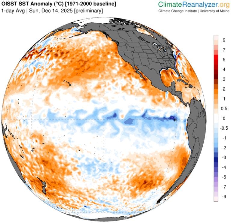 Globalt kart som viser anomalier i havoverflatetemperaturen 14. desember 2025; oransje områder indikerer varmere enn gjennomsnittet, blå områder kjøligere enn gjennomsnittet sammenlignet med referansebanen 1971-2000.