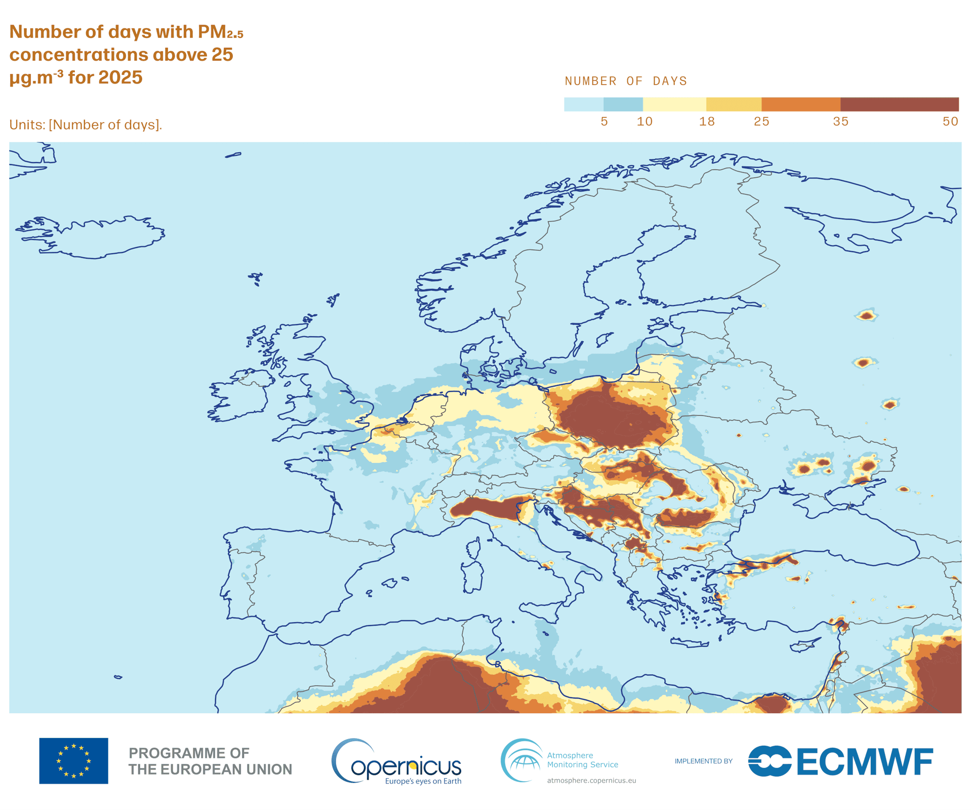 Kart over Europa som viser forventet antall dager i 2025 med PM2,5-konsentrasjoner over 25 µg/m³, høyest i Øst-Europa og rundt Middelhavet.
