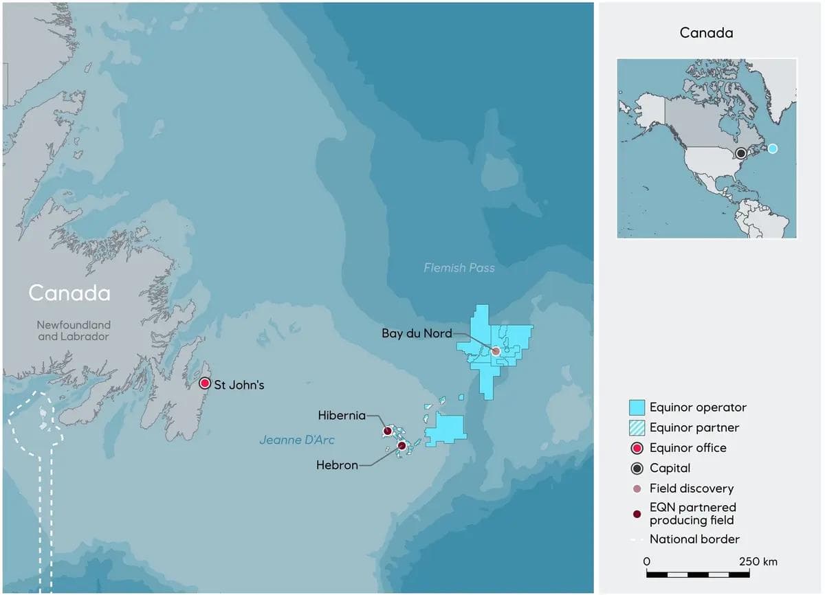Kart som viser Equinors offshore olje- og gassvirksomhet og -felt nær Newfoundland og Labrador i Canada, inkludert Bay du Nord, Hibernia og Hebron.