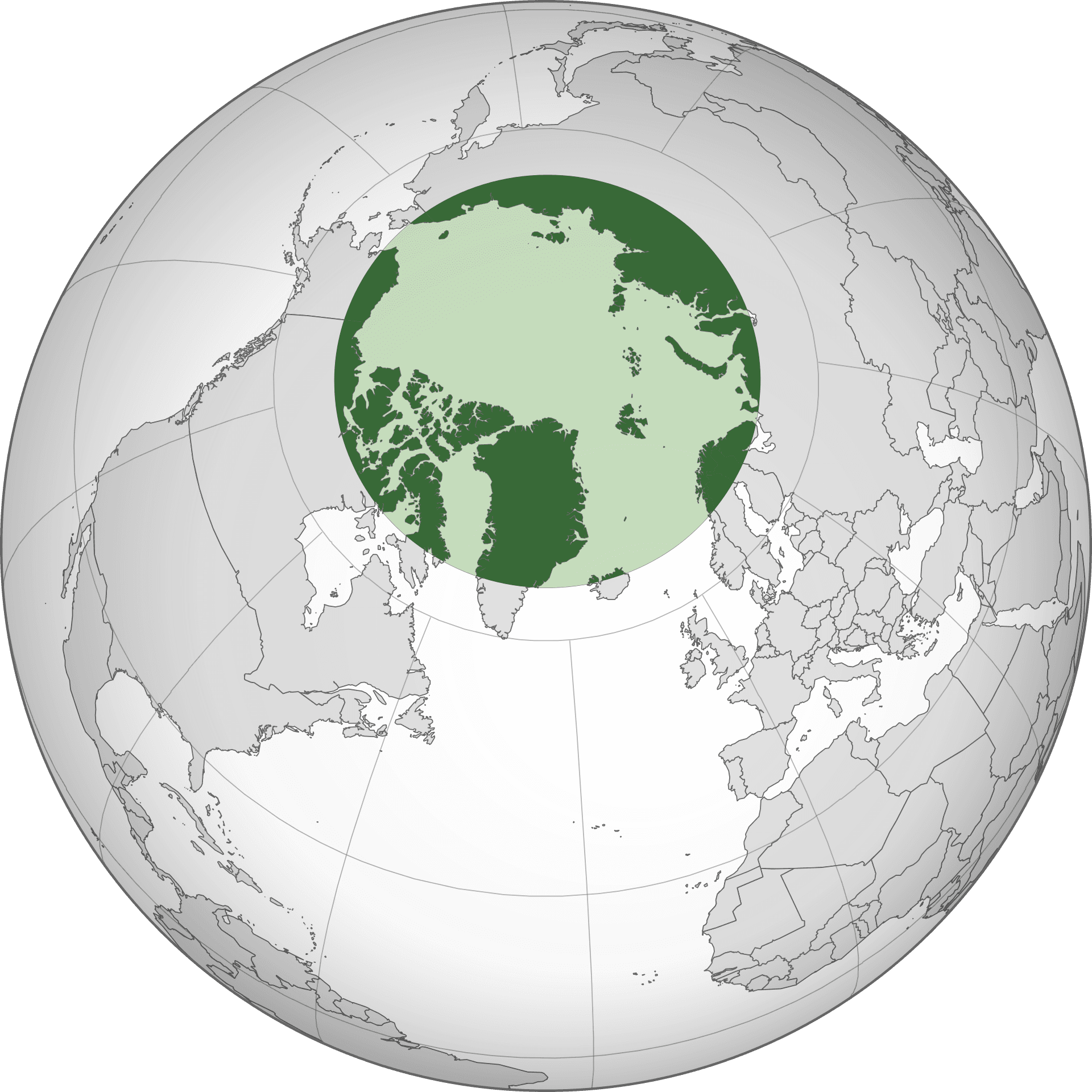 Verdenskart som fremhever Arktis i grønt.