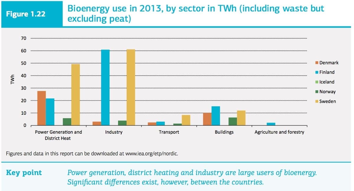 Bruk av bioenergi i ulike sektorer i de nordiske landene i 2013 (kilde: Nordic Energy Technology Perspectives 2016).