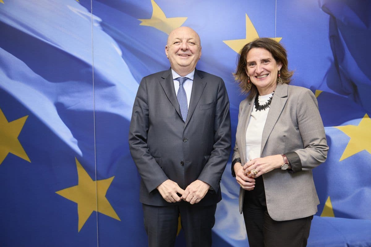 To personer i forretningsantrekk står og smiler foran et bakteppe med EU-flagget med gule stjerner og blå bakgrunn.