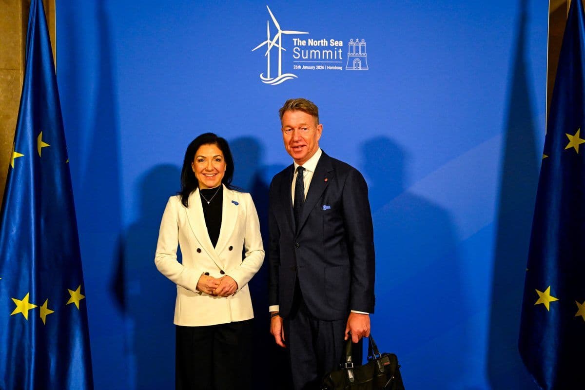 To personer i forretningsantrekk står foran en "The North Sea Summit"-kulisse, flankert av EU-flagg.