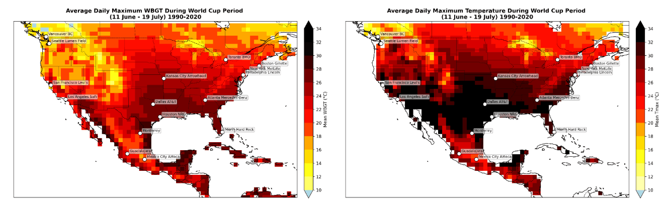 To varmekart over Nord-Amerika viser gjennomsnittlig daglig maksimal Wet Bulb Globe Temperature (til venstre) og lufttemperatur (til høyre) for juni–juli 1990–2020, der WBGT indikerer høyere varmebelastning over større områder.