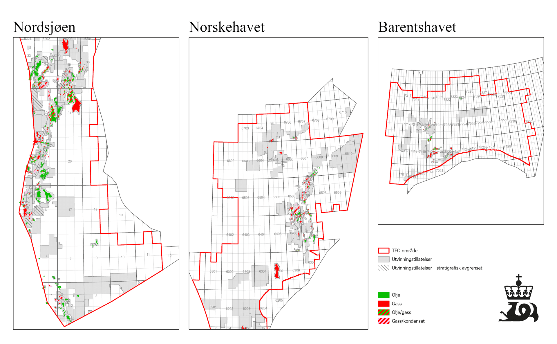 Kart som viser olje- og gassfelt i den norske delen av Nordsjøen, Norskehavet og Barentshavet.