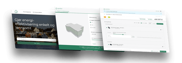 Three overlapping screens from an energy efficiency web application, showing a welcome page, a building model, and a data overview.
