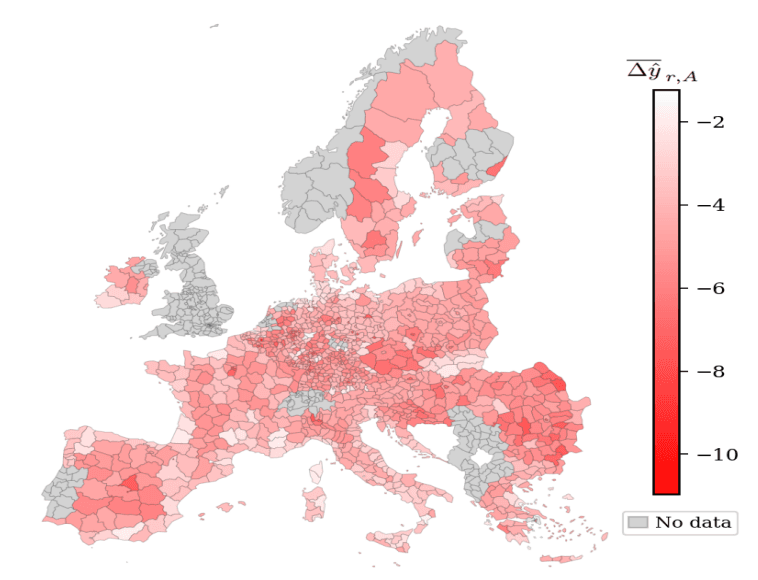 Kart over Europa som viser regionale `Δȳr,A`-verdier, med rødfarger som indikerer verdier fra -2 til -10, og grå områder som viser manglende data.