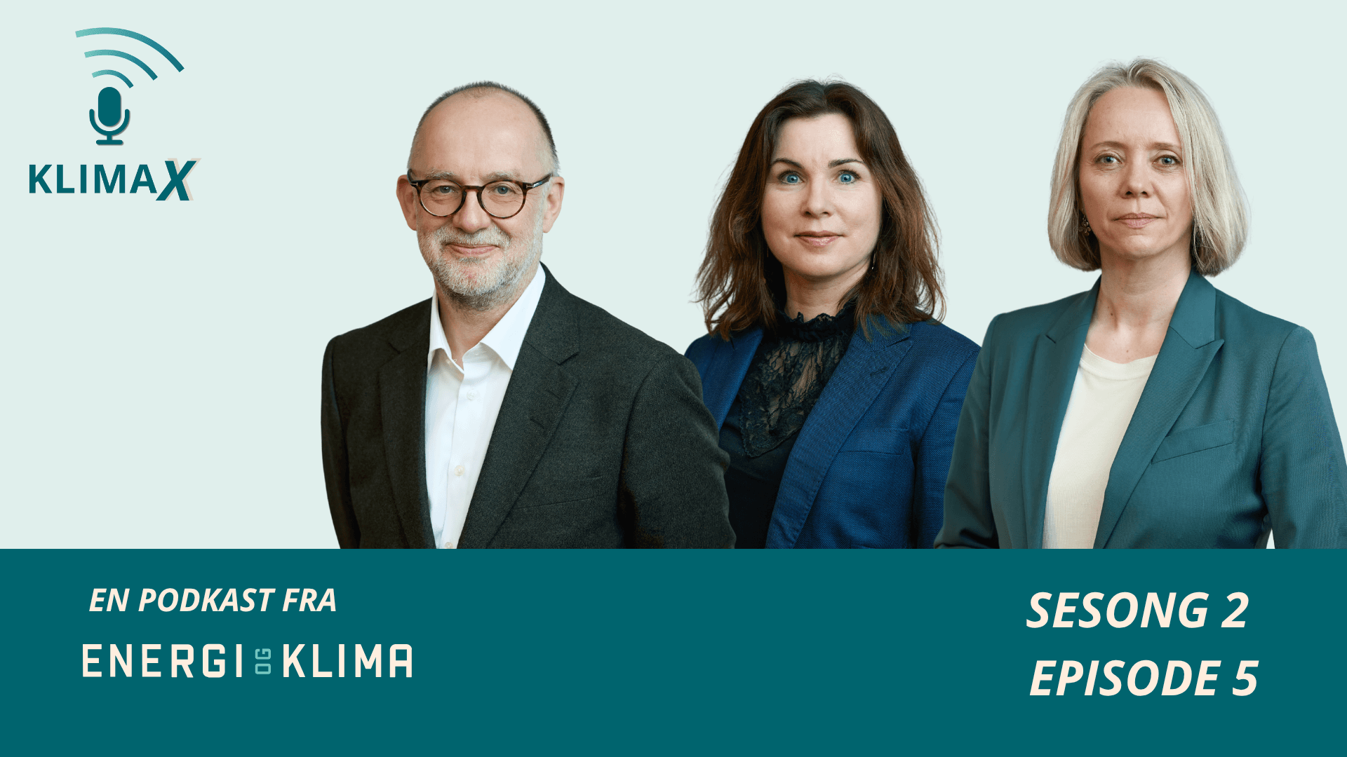 Tre personer (én mann og to kvinner) i podkasten Klimax fra Energi & Klima, sesong 2, episode 5.