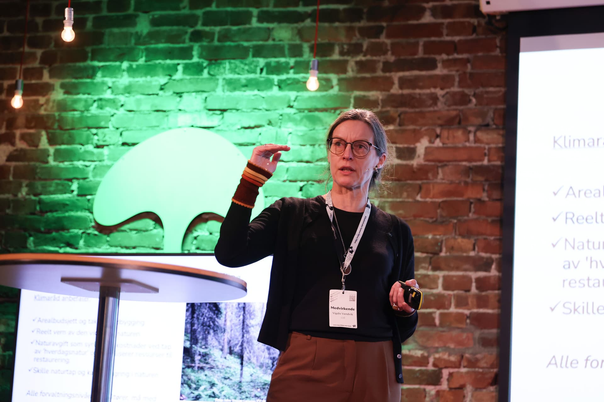 En kvinne holder en presentasjon og gestikulerer med hånden foran en projektorskjerm og en murvegg med en grønnbelyst trelogo.