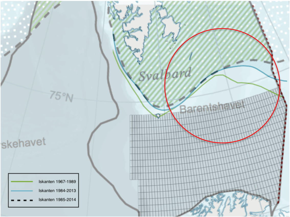 Forskjellige versjoner av iskanten, basert på kart fra den oppdaterte forvaltningsplanen fra 2015 og Klima- og miljødepartementets annonsering av oppdateringen i januar 2015.