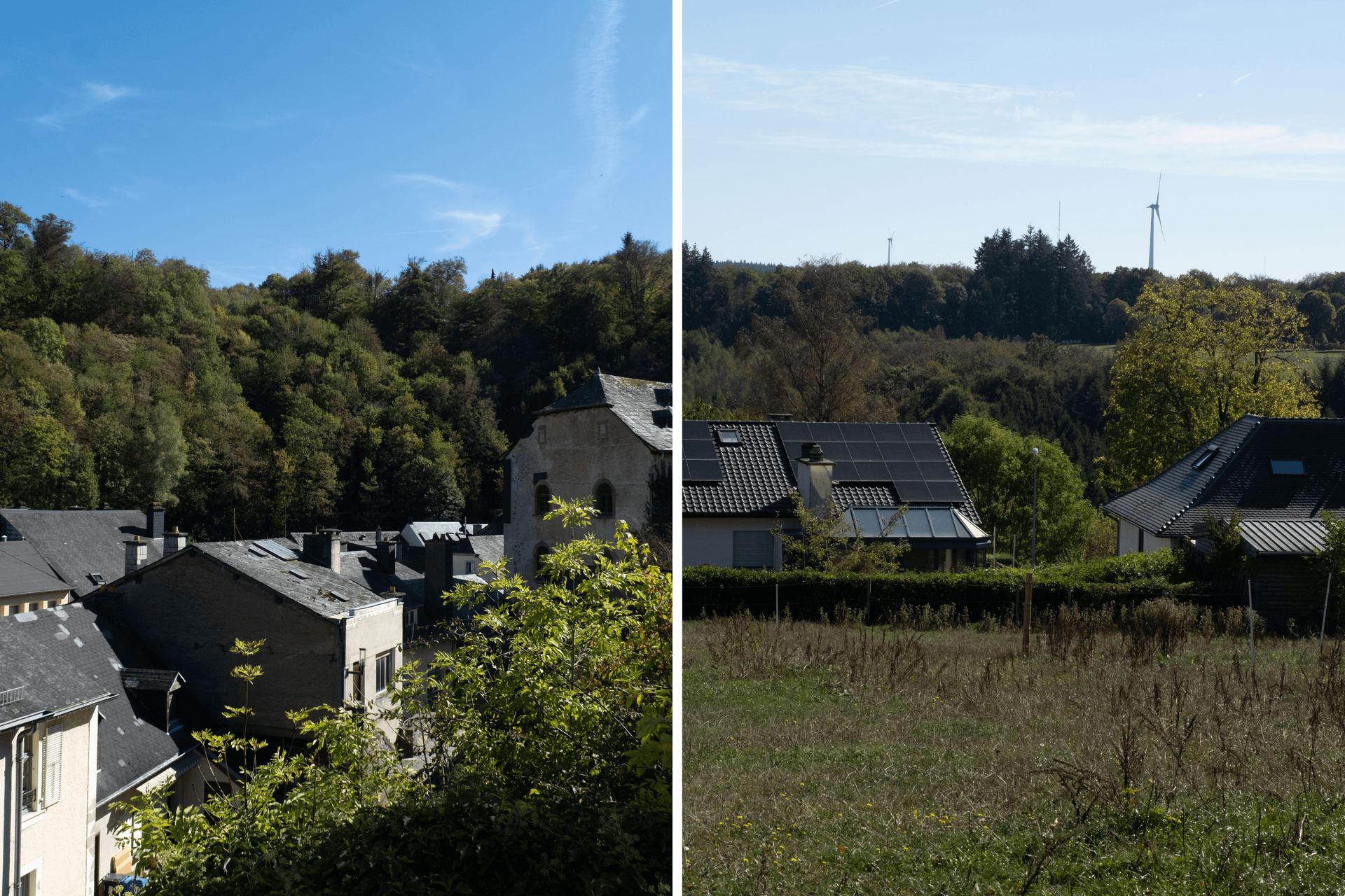 To kontrasterende landskap: en tradisjonell landsby med tett skog i bakgrunnen til venstre, og moderne boliger med solcellepaneler og vindturbiner i det fjerne til høyre.