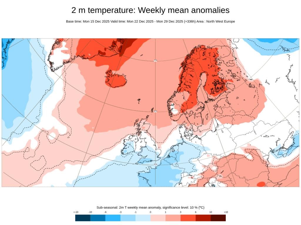 Kart over Nordvest-Europa som viser ukentlige gjennomsnittstemperaturer for 22.-29. desember 2025, med temperaturer over gjennomsnittet i de fleste regioner, spesielt i Skandinavia og Russland.