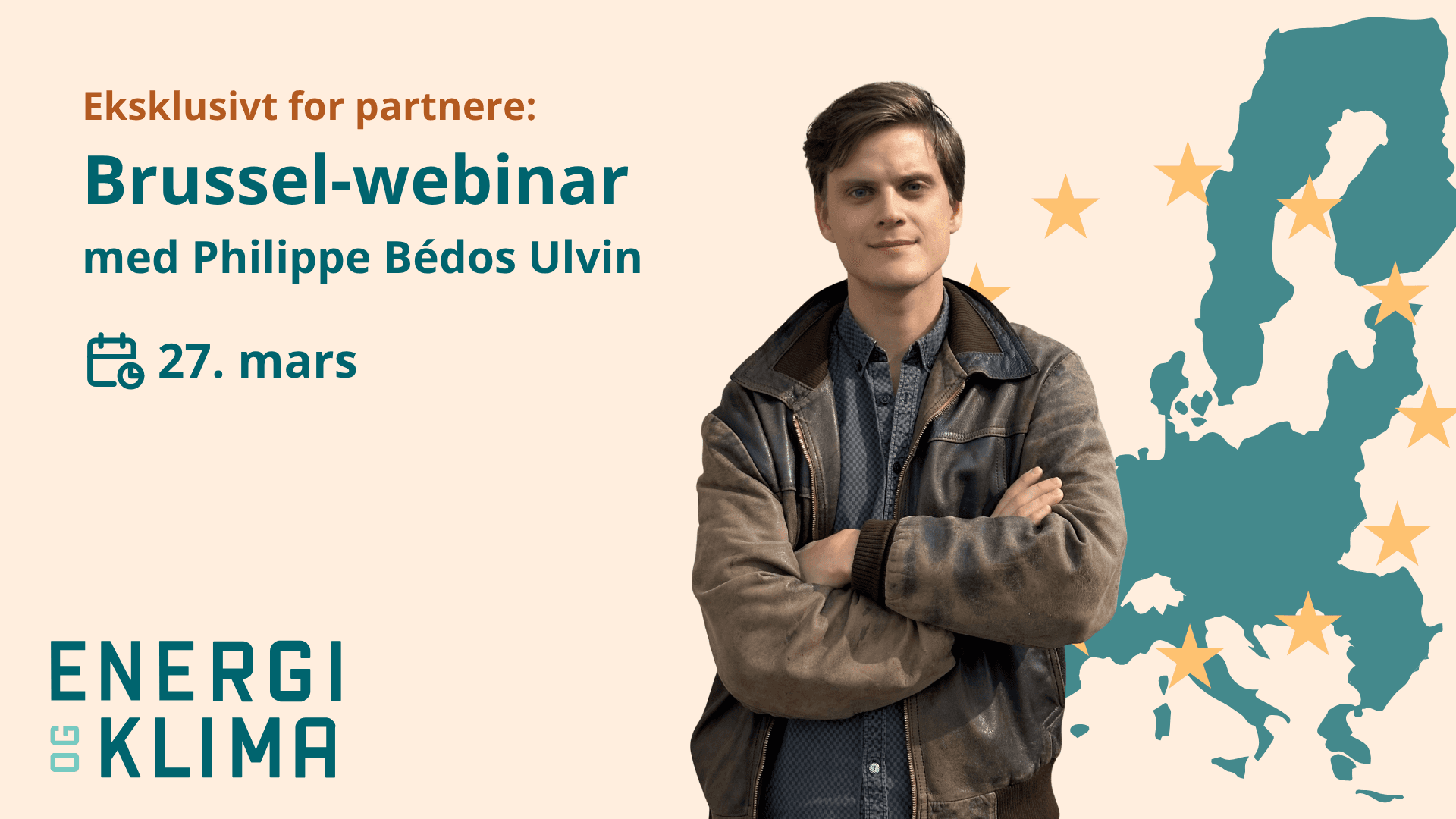 Philippe Bédos Ulvin foran et kart over Europa, der han promoterer Energi og Klimas Brussel-webinar 27. mars.