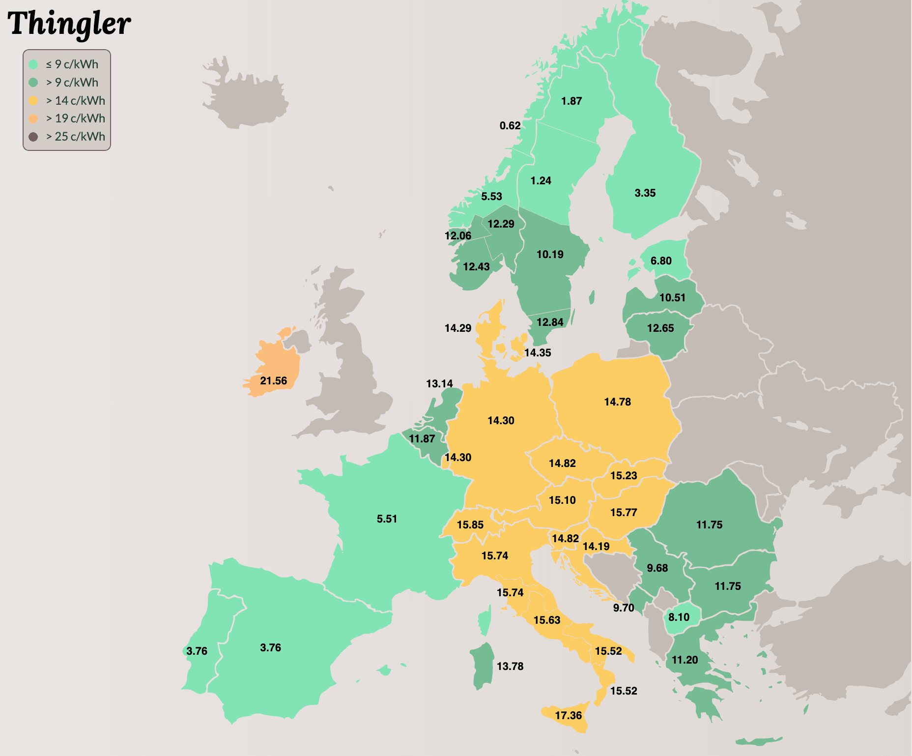 Kart over Europa som viser strømpriser i cent per kilowattime, med land fargekodet etter prissjikt og med spesifikke numeriske verdier.