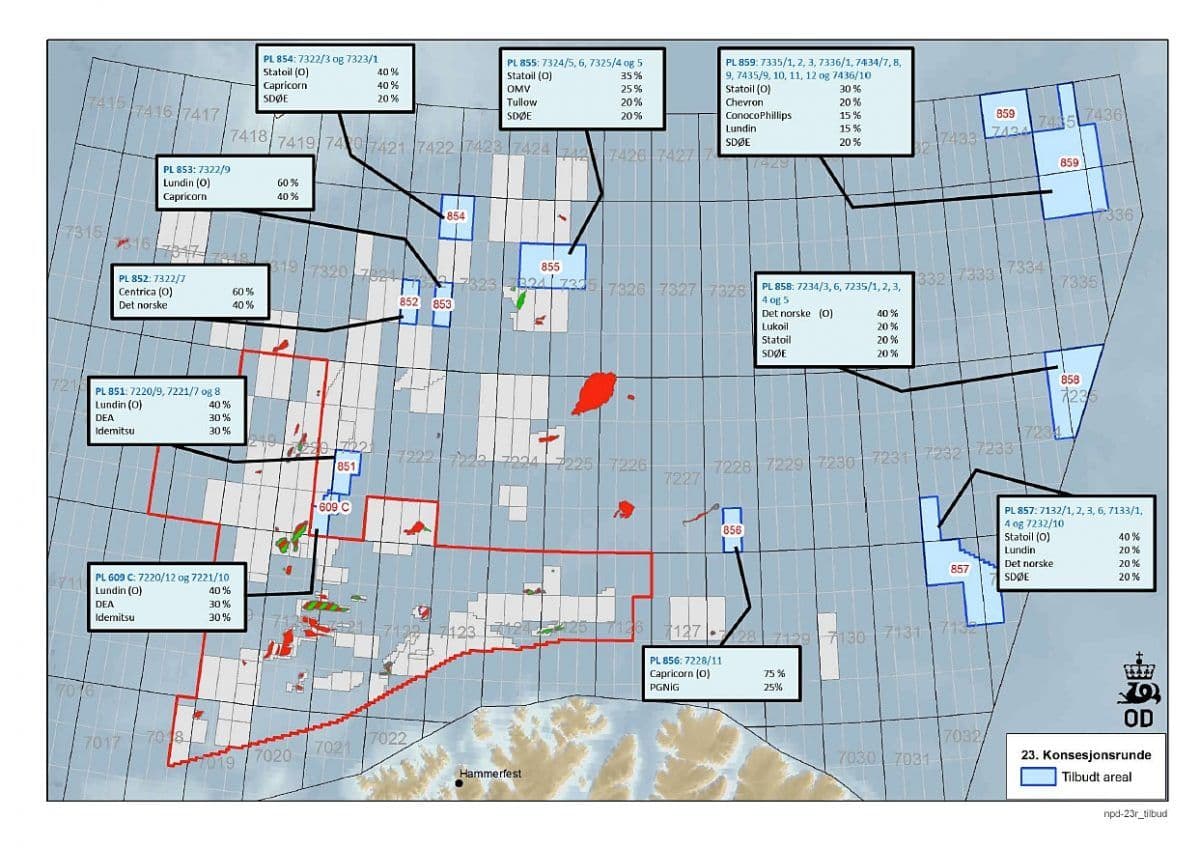 Kart over de tildelte letearealene i 23. konsesjonsrunde. (Klikk for større versjon) (kilde: Olje- og energidepartementet).
