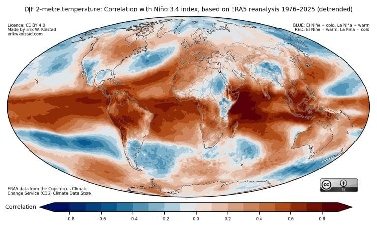 Verdenskart som viser sammenhengen mellom temperatur i 2 meters høyde i desember–februar og Niño 3.4-indeksen.